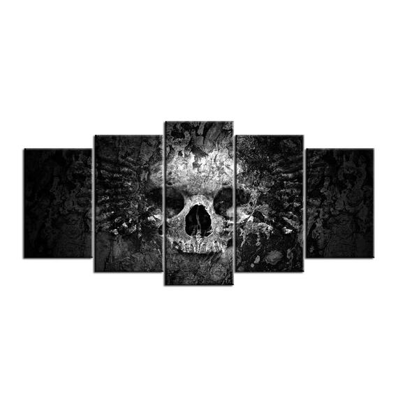 5-Piece Skull Canvas Wall Art – Dark Gothic Black and White Skull Painting - Picture 2 of 5